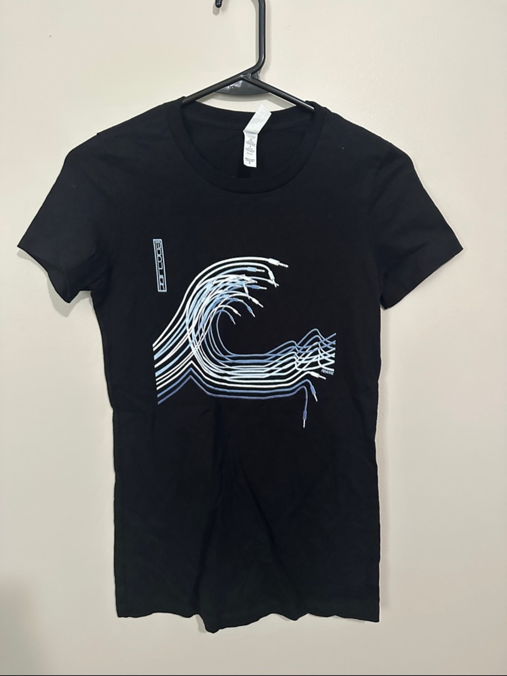 Black Graphic Tee with White and Light Blue Wave Design